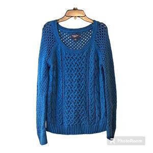 American Eagle Sweater Womens Blue Long Sleeve Open Cable Knit Pullover -SP